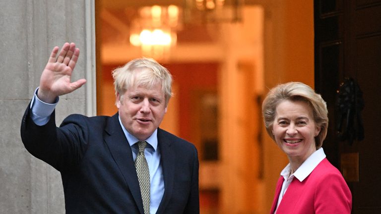 Prime Minister Boris Johnson greets EU Commission president Ursula von der Leven ahead of a meeting in Downing Street, London.