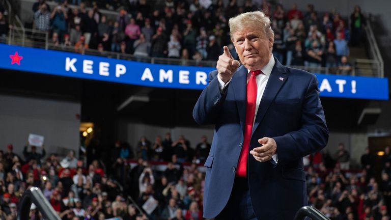 US President Donald Trump arrives for a "Keep America Great" campaign rally at Huntington Center in Toledo, Ohio, on January 9, 2020. (Photo by SAUL LOEB / AFP) (Photo by SAUL LOEB/AFP via Getty Images)