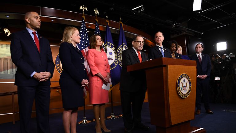 Impeachment Manager Rep. Jerry Nadler(D-NY)talks after Speaker of the House Nancy Pelosi(3rdL) D-CA announced impeachment managers for the articles of impeachment against US President Donald Trump on Capitol Hill January 15, 2020, in Washington, DC. - The House of Representatives is expected to transmit articles of impeachment against Donald Trump to the Senate January 15, 2020, setting the stage for a trial next week that will decide whether the 45th US president is forced from office. After a weeks-long standoff over rules and witnesses, House Speaker Nancy Pelosi and Senate Majority Leader Mitch McConnell announced Tuesday that what will be only the third presidential impeachment trial was now ready to move forward. Pelosi is expected to sign the articles of impeachment at around 5:00 pm (2200 GMT) before they are then ceremoniously transferred from the House and travel through the US capitol's main hallways before being delivered to the Secretary of the Senate. (Photo by Brendan Smialowski / AFP) (Photo by BRENDAN SMIALOWSKI/AFP via Getty Images)