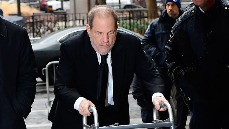NEW YORK, NY - JANUARY 16:  Harvey Weinstein arrived at Manhattan Criminal Court on January 16, 2020 in New York City.  (Photo by Raymond Hall/GC Images)