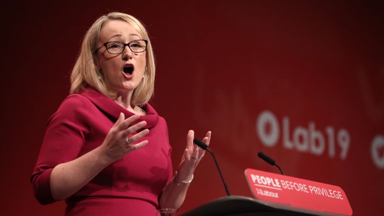 BRIGHTON, ENGLAND - SEPTEMBER 24: Shadow Secretary of State for Business, Energy & Industrial Strategy Rebecca Long-Bailey speaks on the fourth day of the Labour Party conference on September 24, 2019 in Brighton, England. Yesterday delegates voted to endorse the leadership’s preferred position of neutrality on Brexit and will not fight a general election as a pro-Remain party. Labour Conference returns to Brighton this year against a backdrop of Brexit Chaos. (Photo by Dan Kitwood/Getty Images)