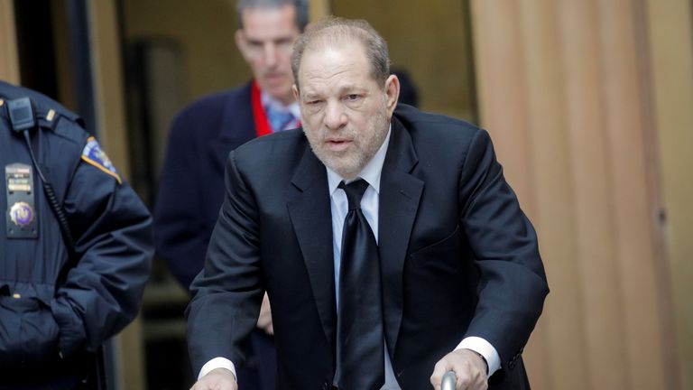 Film producer Harvey Weinstein exits New York Criminal Court during a break in his sexual assault trial in the Manhattan borough of New York City, New York, U.S., January 16, 2020. REUTERS/Brendan McDermid