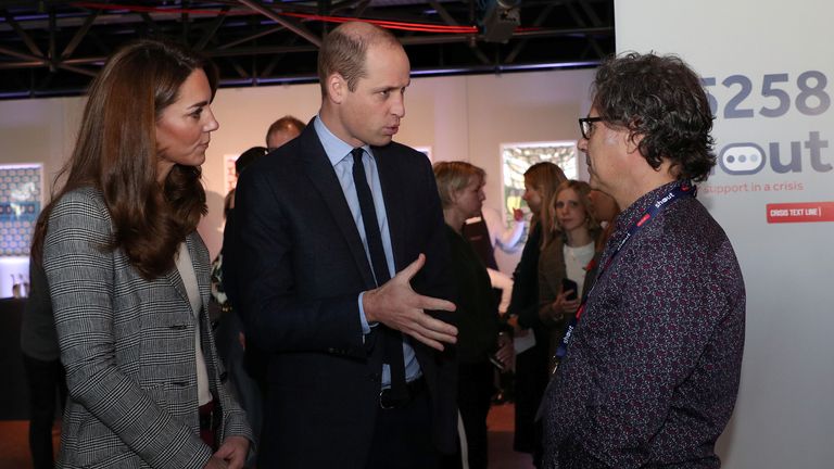 Britain's Prince William and Catherine, Duchess of Cambridge meet Ian Russell, father of Molly Russell who was just 14 when she took her own life, during a Shout's Crisis Volunteer celebration event at the Troubadour White City Theatre in London, Britain November 12, 2019. Yui Mok/Pool via REUTERS