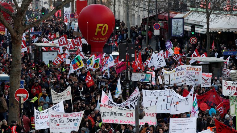 French labour unions and workers on strike attend a demonstration against French government's pensions reform plans in Paris as France faces its 43rd consecutive day of strikes January 16, 2020. REUTERS/Benoit Tessier