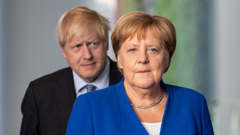 BERLIN, GERMANY - AUGUST 21: British Prime Minister Boris Johnson and German Chancellor Angela Merkel attend a joint press conference following Johnson's arrival at the Chancellery on August 21, 2019 in Berlin, Germany. Johnson is meeting with Merkel in Berlin and French President Emmanuel Macron in Paris. The United Kingdom has an October 31 deadline to leave the European Union with or without a departure deal with the EU. (Photo by Omer Messinger/Getty Images)
