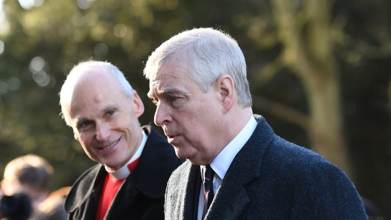 Duke of York (right) arriving at St Mary the Virgin, Hillington, Norfolk to attend a Sunday church service.