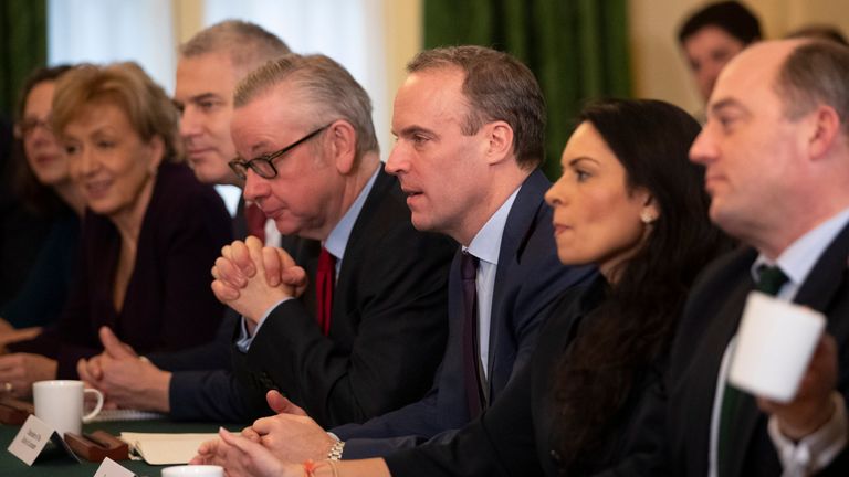 LONDON, ENGLAND - DECEMBER 17:  Foreign Secretary Dominic Raab, 3rd right, Home Secretary Priti Patel, 2nd right, Chancellor of the Duchy of Lancaster Michael Gove, fourth left, and Defence Secretary Ben Wallace, right, listen as Britain's Prime Minister Boris Johnson speaks during his first cabinet meeting since the general election, on December 17, 2019 in London, England. British Prime Minister Boris Johnson is holding the first Cabinet meeting since winning a majority of 80 seats in the General Election last week.  (Photo by Matt Dunham – WPA Pool/Getty Images)