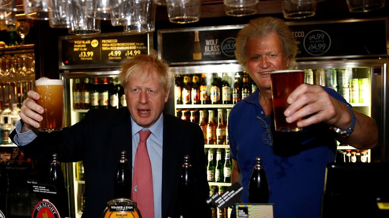 Conservative Party leadership candidate Boris Johnson during a visit to Wetherspoons Metropolitan Bar in London with Tim Martin, Chairman of JD Wetherspoon.
