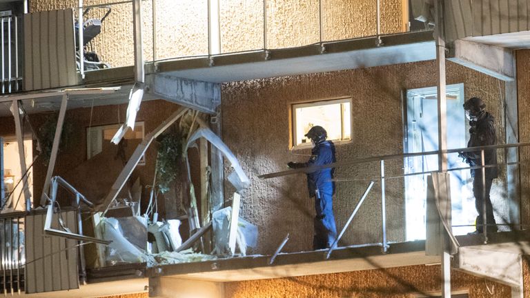 Damage at residential building following an explosion, in Husby, outside of Stockholm, Sweden January 21, 2020. Fredrik Sandberg/TT News Agency/via REUTERS ATTENTION EDITORS - THIS IMAGE WAS PROVIDED BY A THIRD PARTY. SWEDEN OUT. NO COMMERCIAL OR EDITORIAL SALES IN SWEDEN.