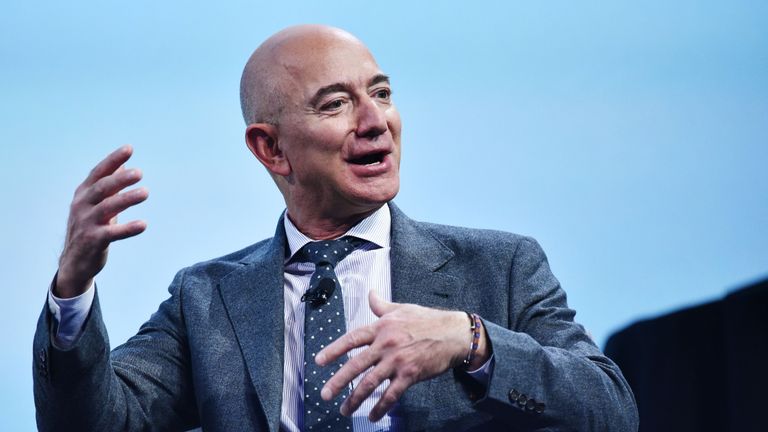 Blue Origin founder Jeff Bezos speaks after receiving the 2019 International Astronautical Federation (IAF) Excellence in Industry Award during the the 70th International Astronautical Congress at the Walter E. Washington Convention Center in Washington, DC on October 22, 2019. (Photo by MANDEL NGAN / AFP) (Photo by MANDEL NGAN/AFP via Getty Images)