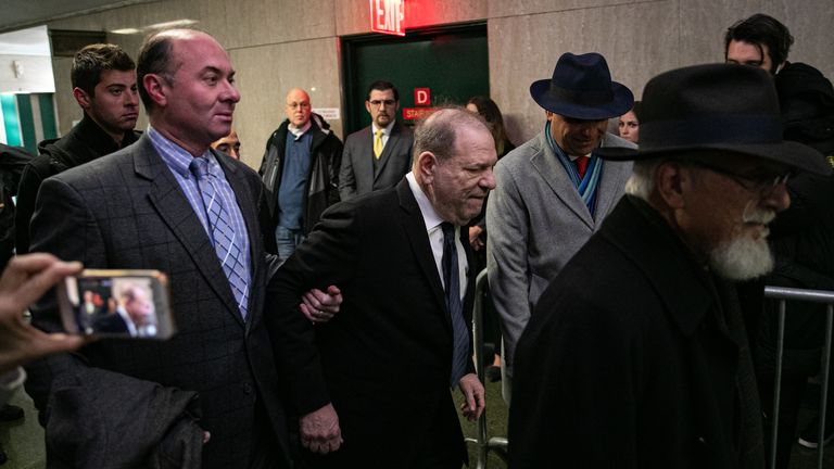 NEW YORK, NY - JANUARY 22: Harvey Weinstein arrives at New York City Criminal Court on January 22, 2020 in New York City. Weinstein, a movie producer whose alleged sexual misconduct helped spark the #MeToo movement, pleaded not-guilty on five counts of rape and sexual assault against two unnamed women and faces a possible life sentence in prison. (Photo by Jeenah Moon/Getty Images)