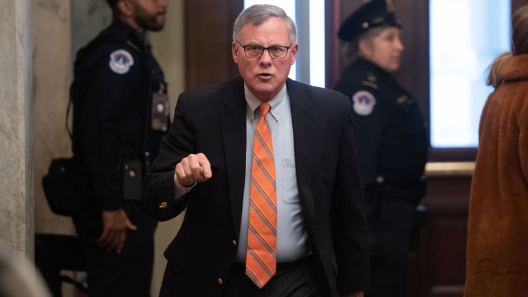 US Senator Richard Burr (R-NC) arrives for the Senate impeachment trial of US President Donald Trump at the US Capitol in Washington, DC, January 21, 2020. - Sparks flew Tuesday over proposed rules for the Senate trial of President Donald Trump, as Democrats accused Republicans of attempting a "cover-up" of evidence that the US leader abused his powers. The first full day of the historic trial saw the Republican Senate leader Mitch McConnell submit a resolution on procedures that does not admit evidence from the investigation of the president. (Photo by SAUL LOEB / AFP) (Photo by SAUL LOEB/AFP via Getty Images)