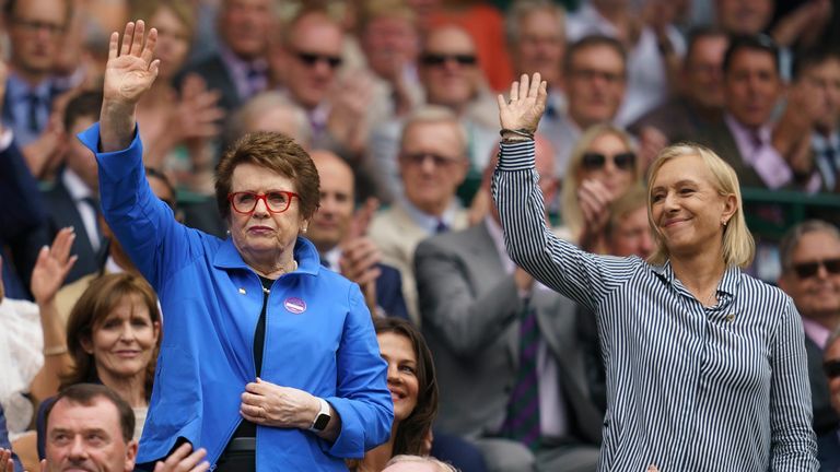 Jul 6, 2019; London, United Kingdom; Billie Jean King and Martina Navratilova in attendance in the Royal Box for the Ashleigh Barty (AUS) and Harriet Dart (GBR) match on day six at the All England Lawn and Croquet Club. Mandatory Credit: Susan Mullane-USA TODAY Sports