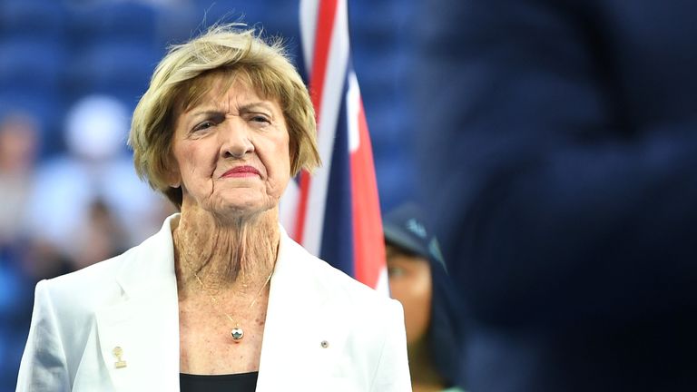 MELBOURNE, AUSTRALIA - JANUARY 28: Margaret Court looks on during a Tennis Hall of Fame ceremony on day nine of the 2020 Australian Open at Melbourne Park on January 28, 2020 in Melbourne, Australia. (Photo by Morgan Hancock/Getty Images)