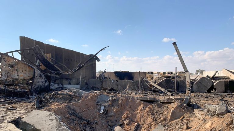 A picture taken on January 13, 2020 during a press tour organised by the US-led coalition fighting the remnants of the Islamic State group, shows a view of the damage at Ain al-Asad military airbase housing US and other foreign troops in the western Iraqi province of Anbar. - Iran last week launched a wave of missiles at the sprawling Ain al-Asad airbase in western Iraq and a base in Arbil, capital of Iraq's autonomous Kurdish region, both hosting US and other foreign troops, in retaliation for the US killing top Iranian general Qasem Soleimani in a drone strike in Baghdad on January 3. (Photo by Ayman HENNA / AFP) (Photo by AYMAN HENNA/AFP via Getty Images)