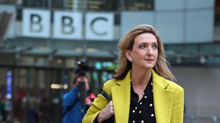 Presenter Victoria Derbyshire leaves BBC Broadcasting House in London, after it was announced that her TV programme is being taken off air.