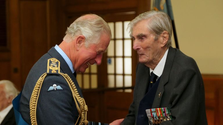 File photo dated 17/9/2017 of the Prince of Wales talking to Battle of Britain veteran Wing Commander Paul Farnes, who has died aged 101.