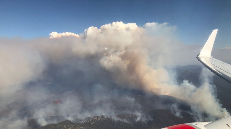 An aerial view of bushfires burning south of Canberra on January 31, 2020 in Canberra, Australia. ACT Chief Minister Andrew Barr declared a State of Emergency on Friday, as the Orroral Valley bushfire continues to burn out of control. Hot and windy weather conditions forecast for the weekend are expected to increase the bushfire threat to homes in the Canberra region. It is the worst bushfire threat for the area since 2003, when four people died and 470 homes were destroyed or damaged.