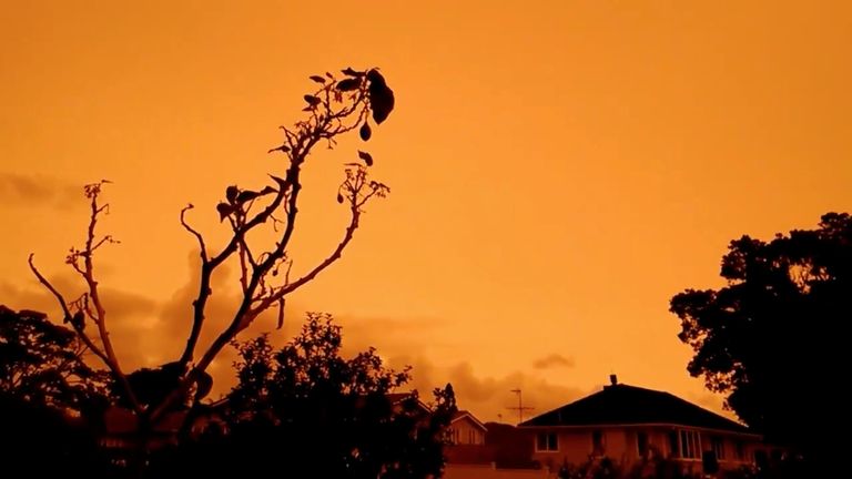 A view of orange skies in Auckland, New Zealand, from smoke plumes caused by bushfires in Australia