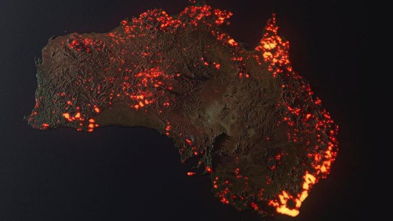 A 3D visualisation of the fires in Australia. Pic: Anthony Hearsey