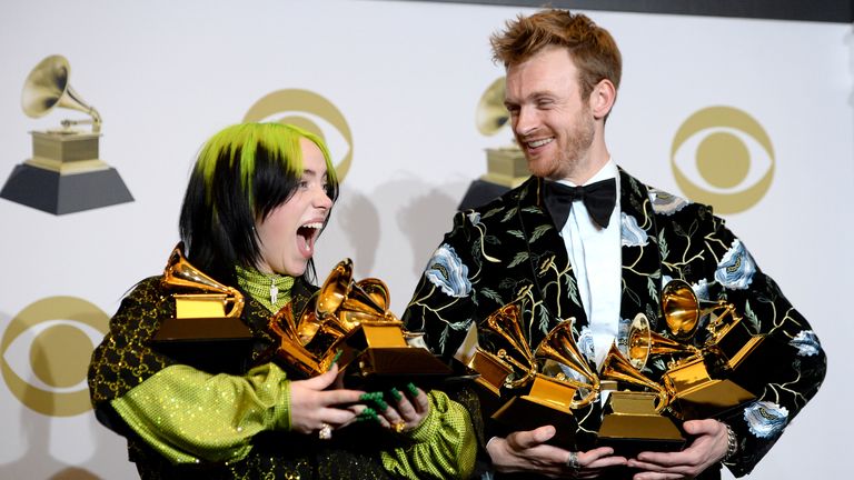 Billie Eilish, winner of Record of the Year for "Bad Guy", Album of the Year for "when we all fall asleep, where do we go?", Song of the Year for "Bad Guy", Best New Artist and Best Pop Vocal Album for "when we all fall asleep, where do we go?", and Finneas O&#39;Connell, winner of Best Engineered Album Non-Classical for "when we all fall asleep, where do we go?", Song of the Year for "Bad Guy", and Producer Of The Year Non-Classical pose in the press room during the 62nd Annual GRAMMY Awards at STA