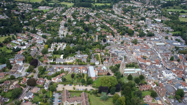 An aerial view of Bishop&#39;s Stortford in East Hertfordshire