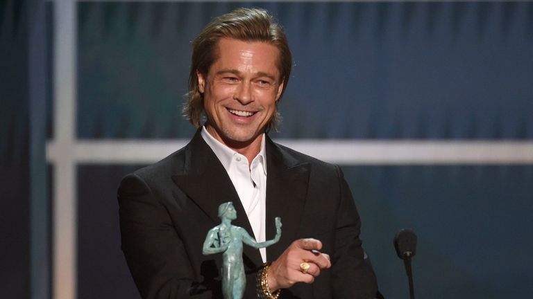 Brad Pitt accepts the award for outstanding performance by a male actor in a supporting role for Once Upon a Time in Hollywood