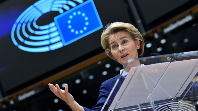 European Commission President Ursula von der Leyen speaks during a European Parliament plenary session in Brussels