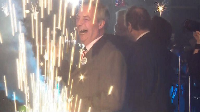 Brexit party leader Nigel Farage was all smiles as Brexit supporters cheered the moment the UK left the EU