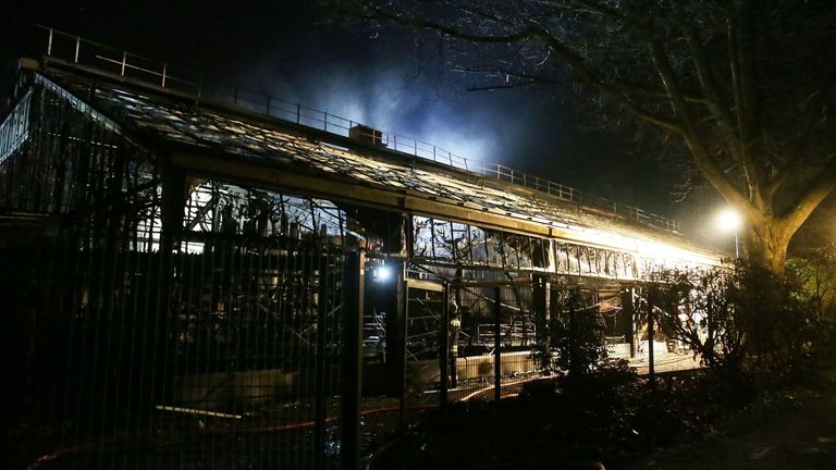Firemen work at the burning monkey house of the zoo in Krefeld, western Germany, on early January 1, 2020. - Fire ripped through the monkey house at Krefeld zoo on New Year&#39;s Eve, killing dozens of animals, including orangutans, chimpanzees and marmosets, the management said. (Photo by Alexander FORSTREUTER / DPA / AFP) / Germany OUT (Photo by ALEXANDER FORSTREUTER/DPA/AFP via Getty Images)
