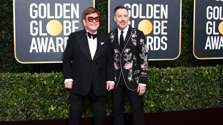 Elton John and David Furnish at the Golden Globes 2020