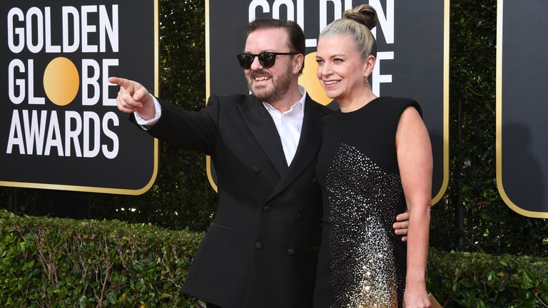Host Ricky Gervais and Jane Fallon at the Golden Globes 2020
