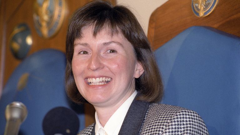Helen Sharman at a news conference at the Royal Aeronautical Society in London after returning from space in 1991
