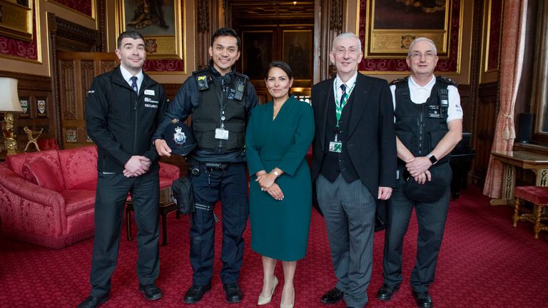 Lindsay Hoyle (second right) and Home Secretary Priti Patel with Parliamentary security staff Ron Dowson and Met Police officer Habibi Syaaf, who rescued a man from the River Thames 