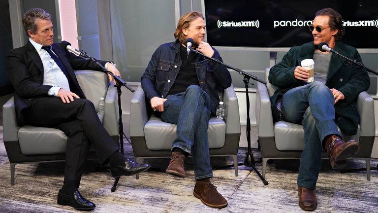 The Gentlemen stars Hugh Grant, Charlie Hunnam and Matthew McConaughey interview with Andy Cohen on his SiriusXM Channel Radio Andy at the SiriusXM Studios on January 13, 2020 in New York City