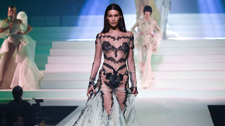 Bella Hadid walks the runway during the Jean-Paul Gaultier Haute Couture Spring/Summer 2020 show as part of Paris Fashion Week at Theatre Du Chatelet on January 22, 2020 in Paris, France