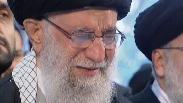 Iran&#39;s supreme leader Ayatollah Ali Khamenei appeared to cry as he prayed over the flag-draped coffins containing the remains of Qassem Soleimani and five others killed in the US strike.