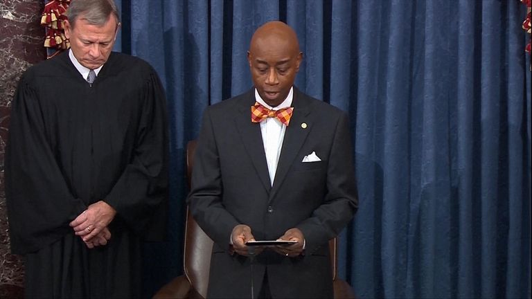 Senate Chaplain Barry Black began the impeachment trial session with a prayer that referenced Kobe Bryant and everyone who died.
