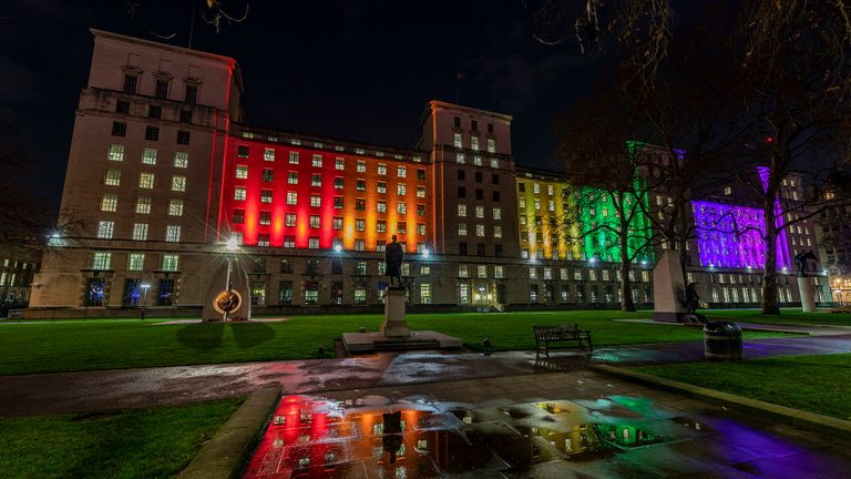 Ministry of Defence HQ in London lit up in rainbow colours. Pic: MoD