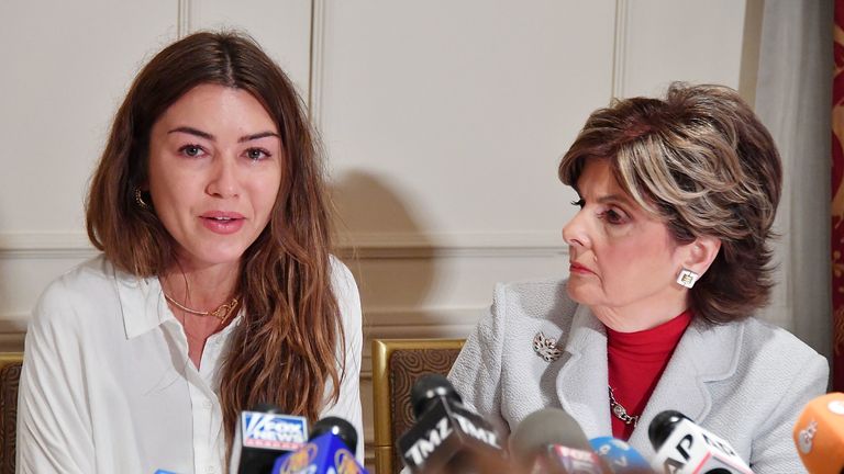 Mimi Haleyi (left) spoke at a news conference with lawyer Gloria Allred