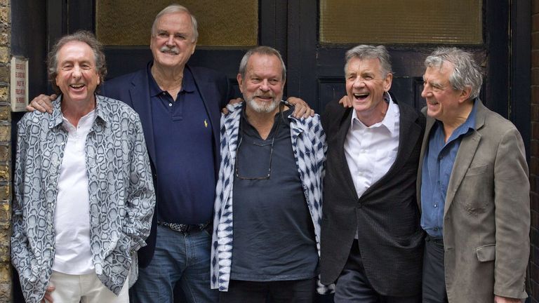 Monty Python pose for a photograph at the back door to the London Palladium in central London in 2014