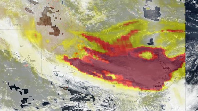 A Suomi-NPP satellite image from  4 January shows the aerosols within the smoke plumes from the fires in Australia