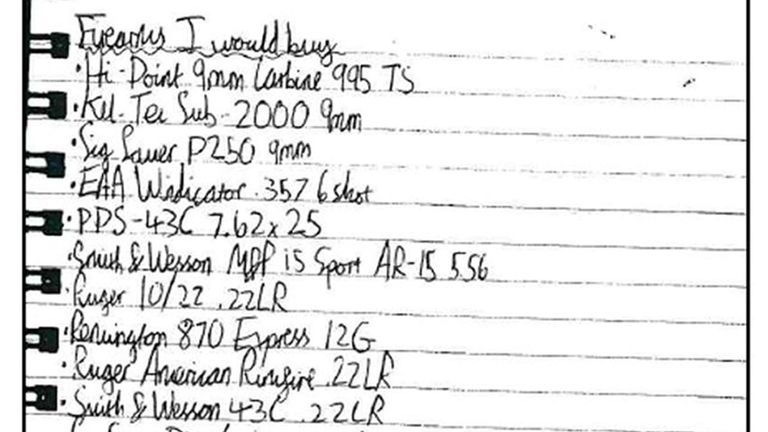 A list of firearms belonging to the boy