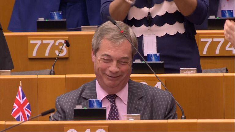 Nigel Farage was gagged during his last speech in Brussels as the Brexit Party leader waved a Union Flag to bid goodbye to the EU.