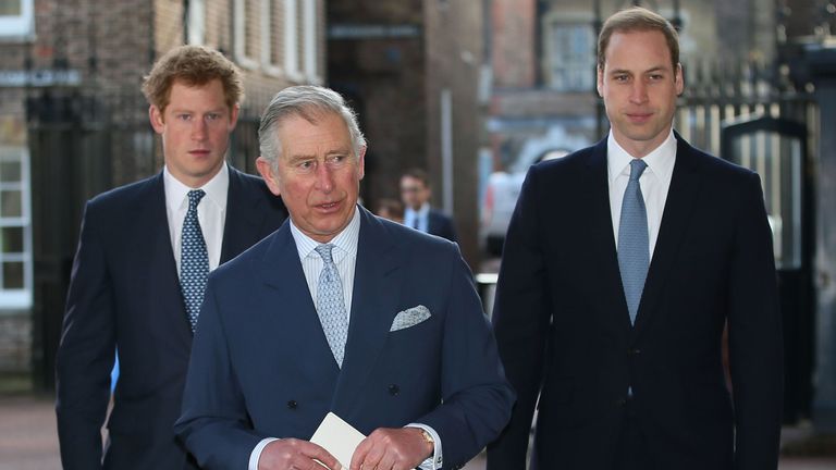 File photo dated 13/02/14 of the Prince of Wales with his sons, the Duke of Cambridge (right) and the Duke of Sussex