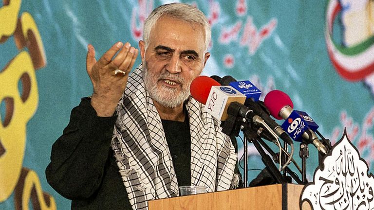 Major General Qassem Soleimani speaking at a press conference, Hamadan, Iran in 2018. Pic: AY Collection/SIPA/Shutterstock 