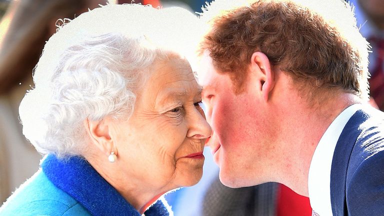 The Queen being greeted by her grandson the Duke of Sussex