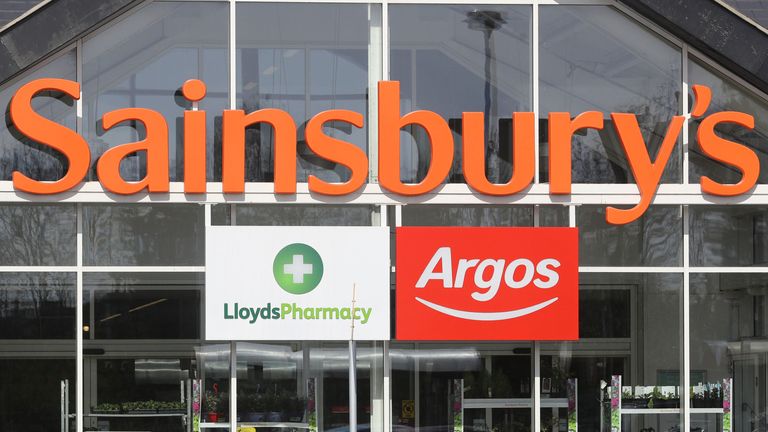 General view of the entrance to a Sainsbury&#39;s supermarket, incorporating a Lloyds Pharmacy and an Argos store, in Whitley Bay, North Tyneside