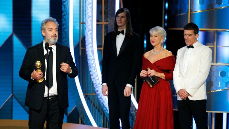 Best director Sam Mendes accepts his award for 1917 at the Golden Globes