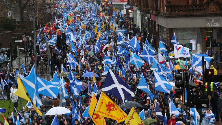 GLASGOW, SCOTLAND - JANUARY 11: Protesters take part in a Pro-Independence march on January 11, 2020 in Glasgow, Scotland. Tens of Thousands of people joined the All Under One Banner march to call for Scottish Independence following the SNP’s success in December’s general election. (Photo by David Cheskin/Getty Images)
